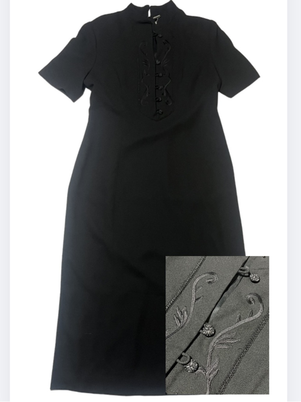 NWT Chaus Size 12 Black Embroidered Mandarin Collar Dress Short Sleeve Evening